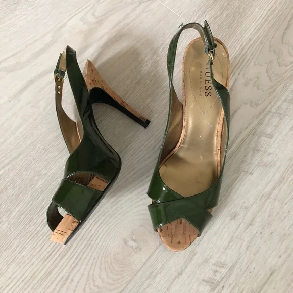 Guess by Marciano Green Leather High Heel Slingback Cork Heels - Picture 7 of 16